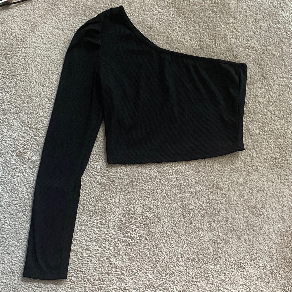 SHEIN Classic Black One Shoulder Asymmetrical Long Sleeve Cropped Shirt